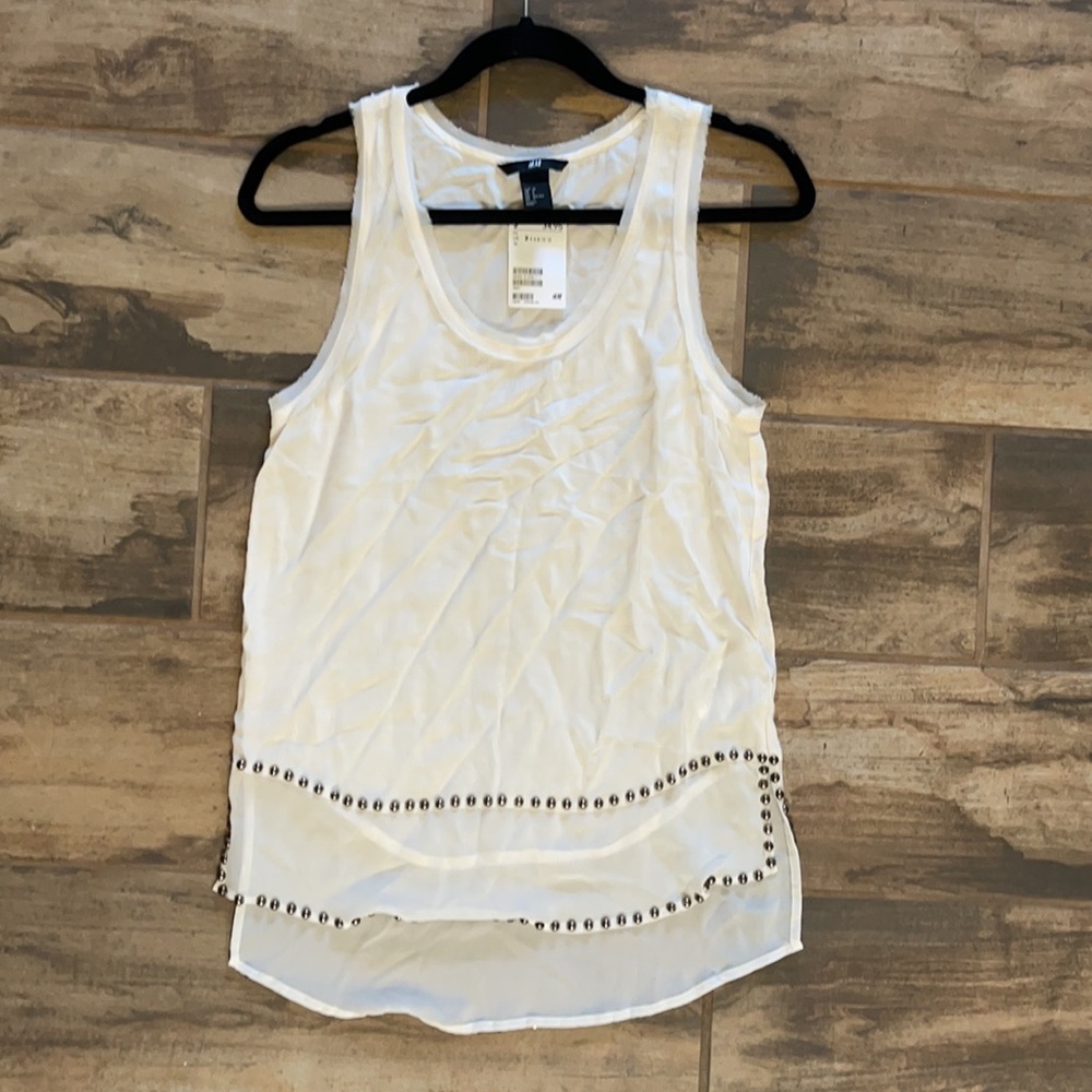 NWT H&M cream blouse tank with raw trim and metal beaded detail along the bottom